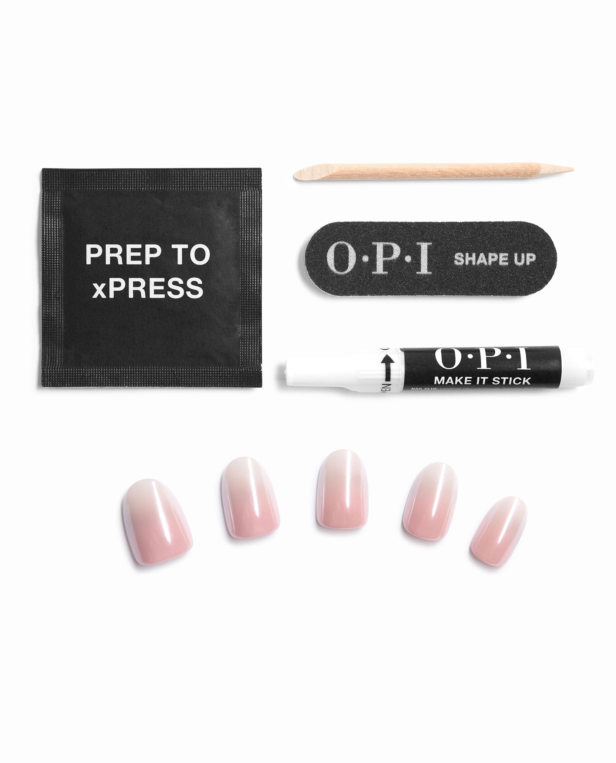 OPI Dreaming of Better Glaze On Point press-on nail kit displayed with glossy pale pink artificial nails, prep pad, nail file, cuticle stick, and glue, a soft option for fall nail colors.