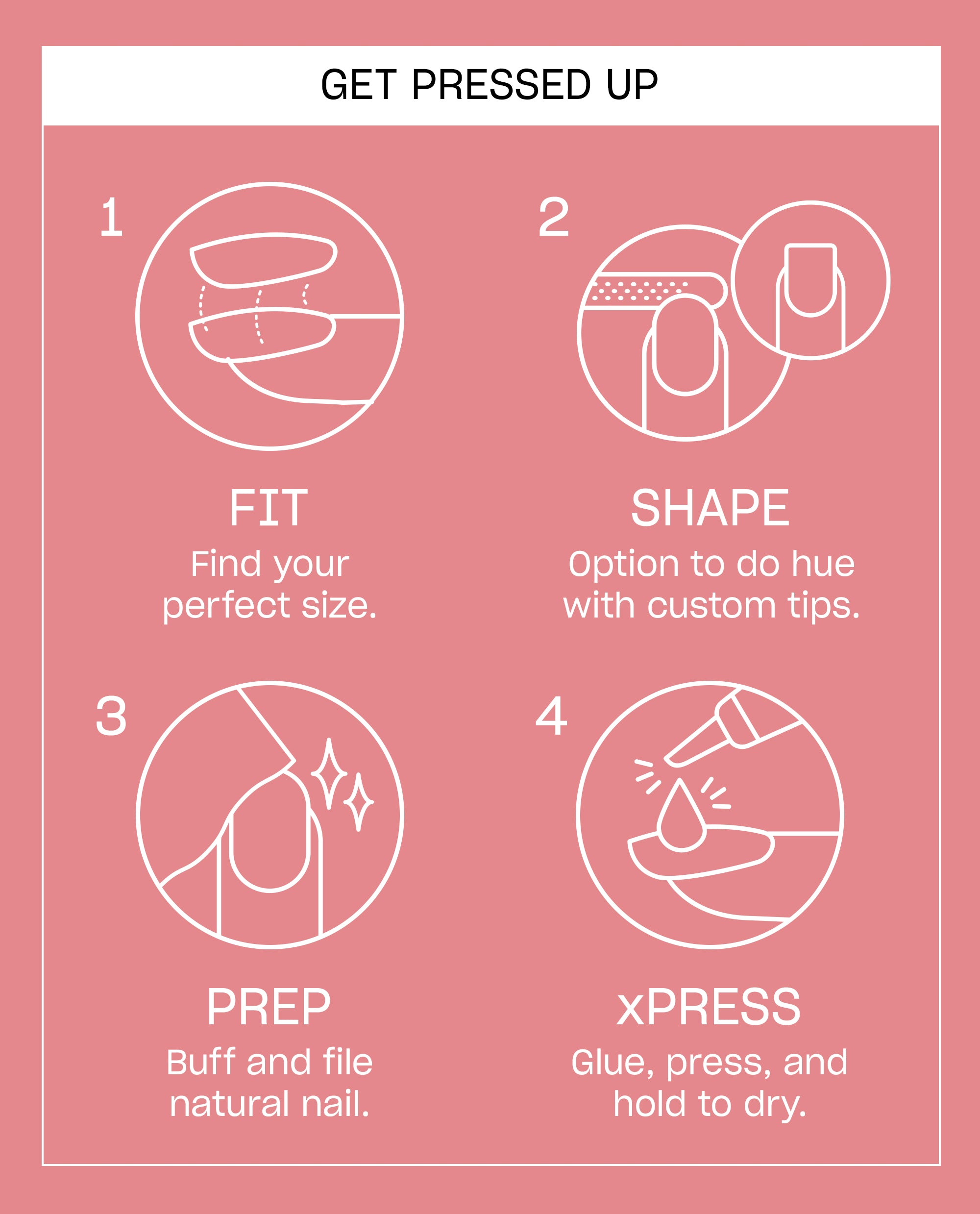 Dreaming of Better Glaze OPI On Point press-on nail instructions show fit, shape, prep, and glue steps on a pink guide, featuring fall nail colors and white line-art application icons.