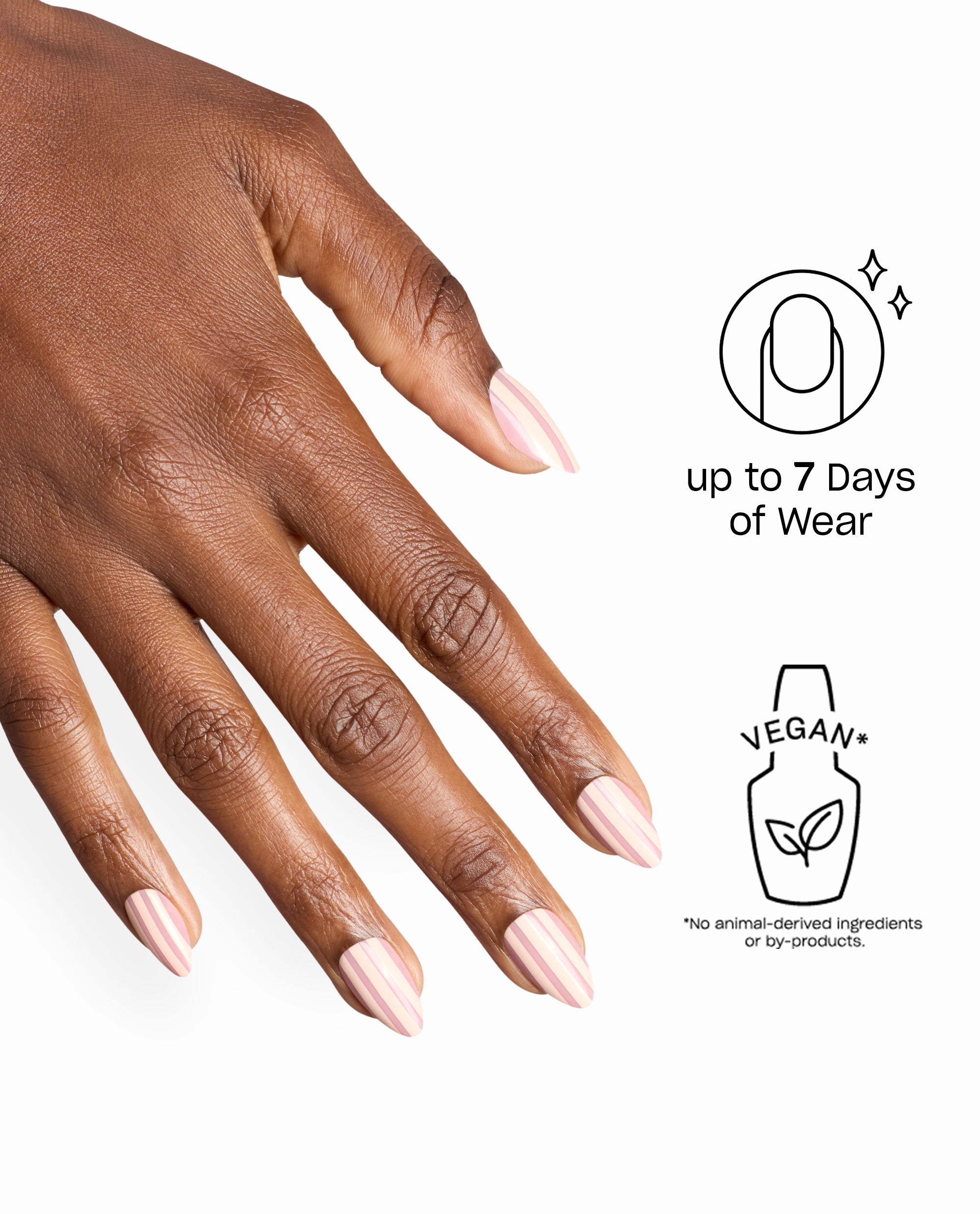 Hand wearing OPI Drop a Pinstripe Sticking Point artificial nails with pink and cream pinstripes, highlighting vegan ingredients and up to 7 days of wear for fall nail colors.