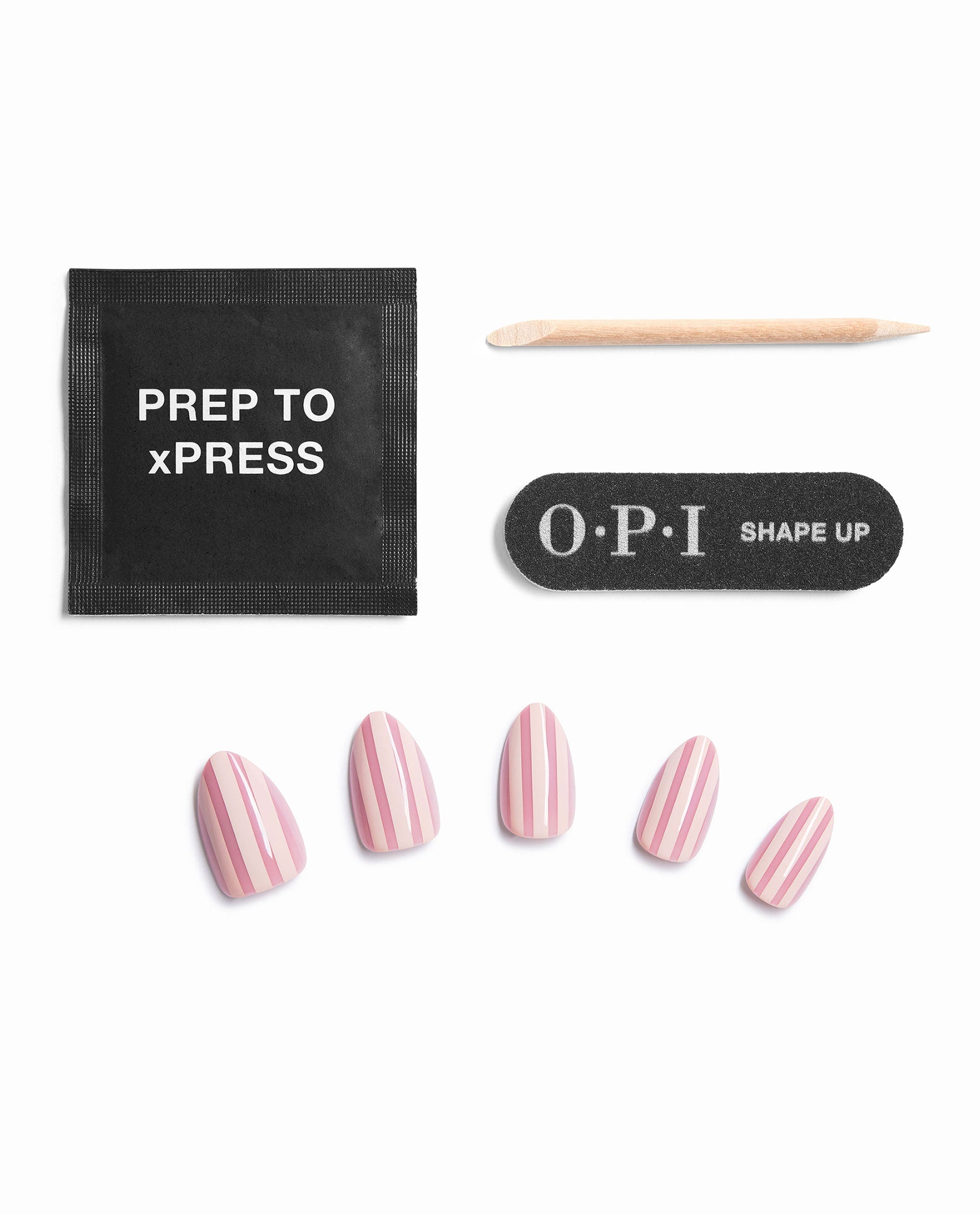 OPI Drop a Pinstripe Sticking Point press-on nails show glossy pink striped artificial nails with a prep pad, wooden cuticle stick, and OPI Shape Up nail file on a white background, a playful pick for fall nail colors.
