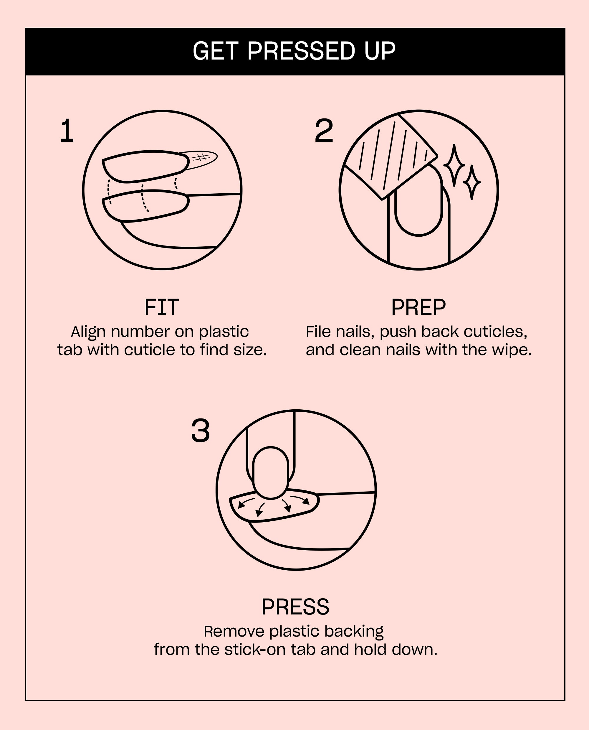 Drop a Pinstripe Sticking Point press-on nail instructions show OPI fall nail colors application steps: fit tabs to cuticles, prep nails with a wipe, and press adhesive backing onto nails.