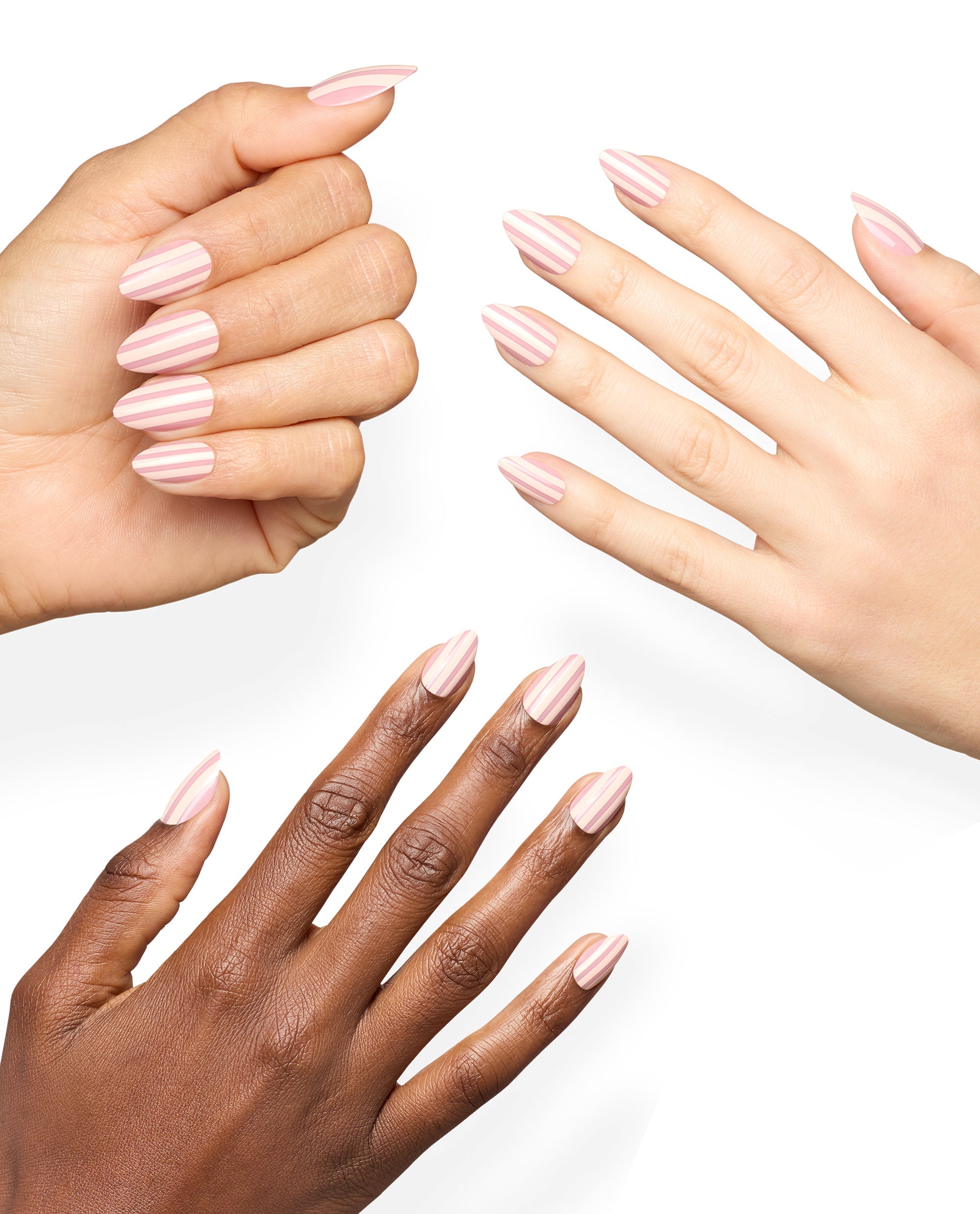 Diverse hands display almond-shaped manicures with OPI Drop a Pinstripe Sticking Point, featuring pale pink and cream vertical stripes for soft fall nail colors on a clean white background.