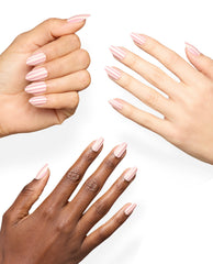 Diverse hands display almond-shaped manicures with OPI Drop a Pinstripe Sticking Point, featuring pale pink and cream vertical stripes for soft fall nail colors on a clean white background.