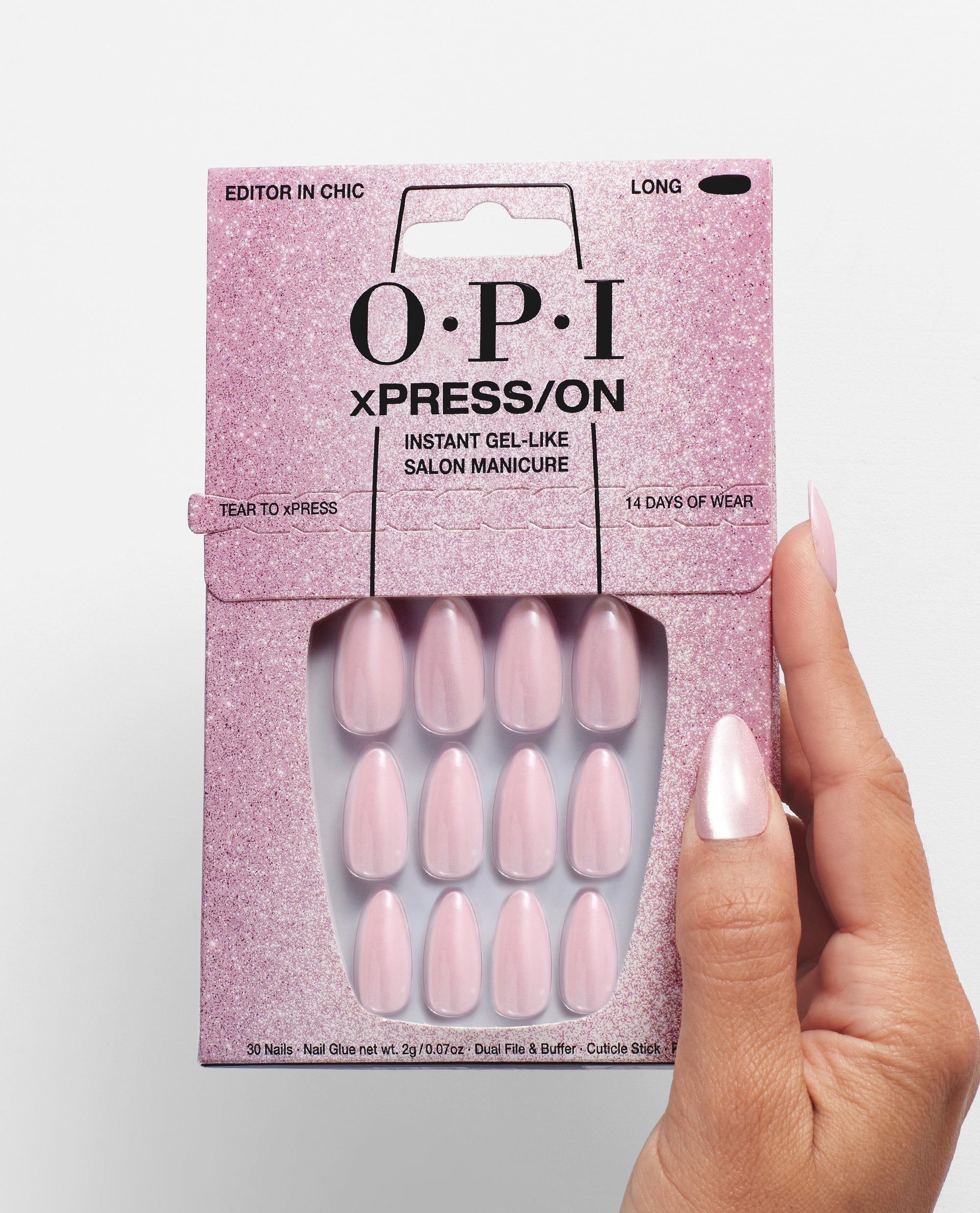 OPI xPRESS/ON Pink Velvet Press-on Nails Hand and Product Image