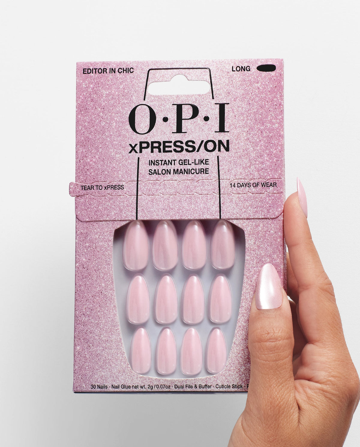 OPI xPRESS/ON Pink Velvet Press-on Nails Hand and Product Image