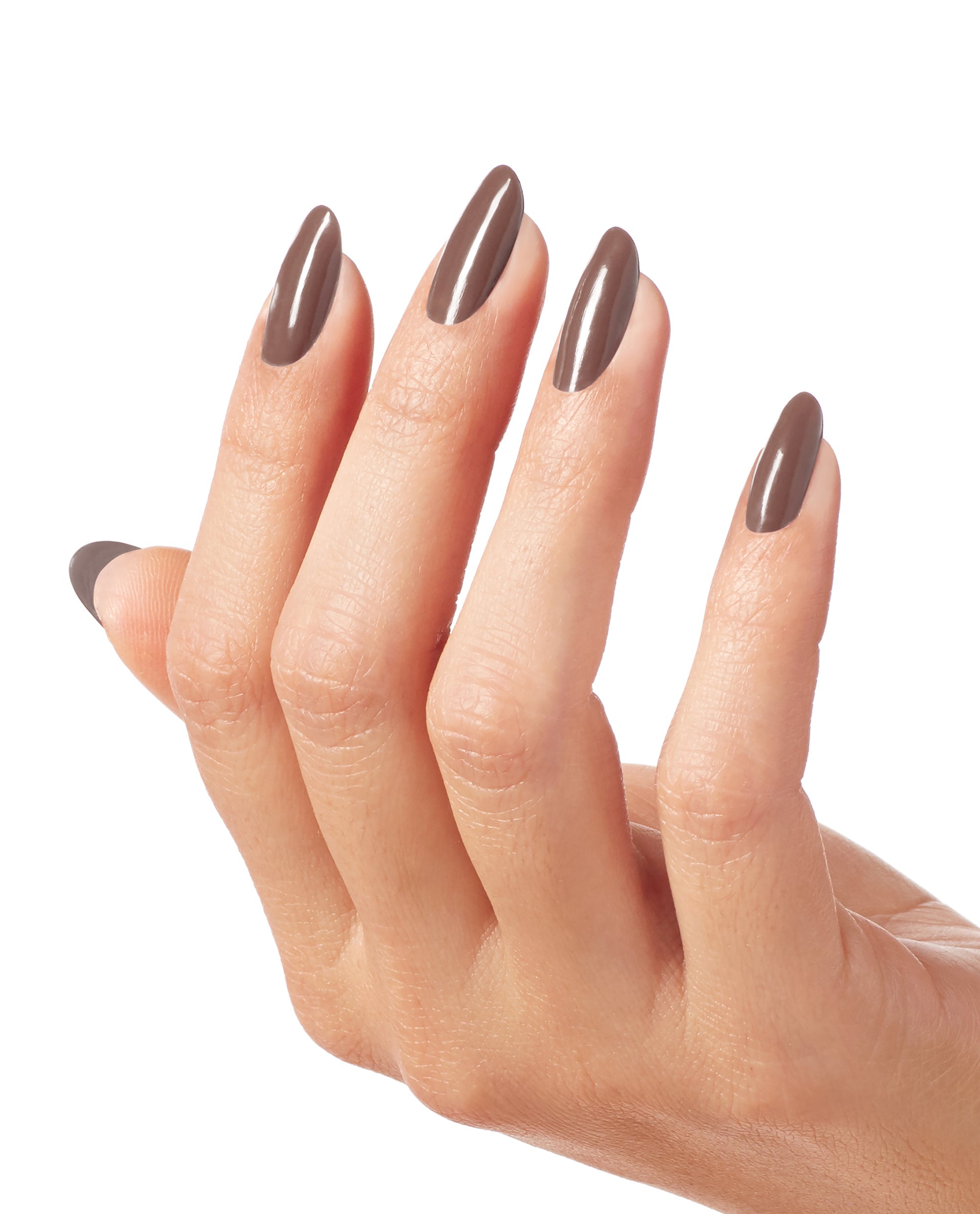 Hand modeling glossy almond-shaped nails painted with OPI Espresso Your Inner Self nail lacquer, a rich taupe-brown shade for chic fall nail colors on a clean white background.