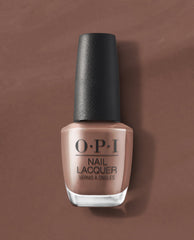 OPI Espresso Your Inner Self nail lacquer bottle in a warm espresso brown shade stands on a matching brown background, ideal for fall nail colors.