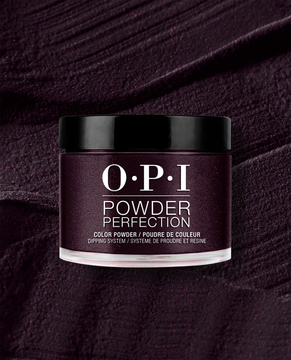 OPI Every Month is Oktoberfest dipping powder jar in deep burgundy shimmer, displayed on a matching textured swatch for rich fall nail colors.