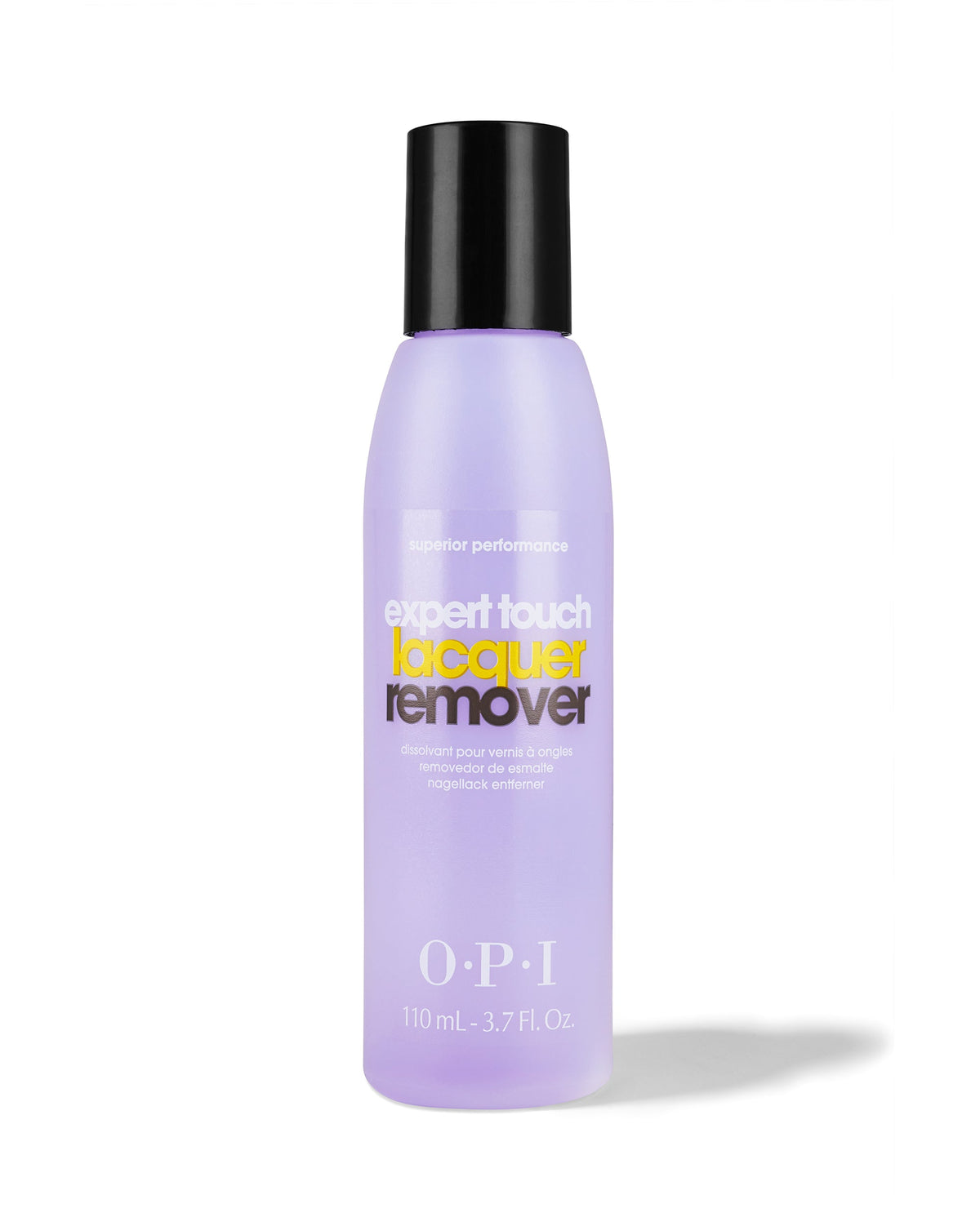 OPI Expert Touch Lacquer Remover bottle standing upright on white background, showing purple 110 mL nail polish remover packaging with black cap and bold logo, ideal single item or add-on to an OPI nail polish gift set.