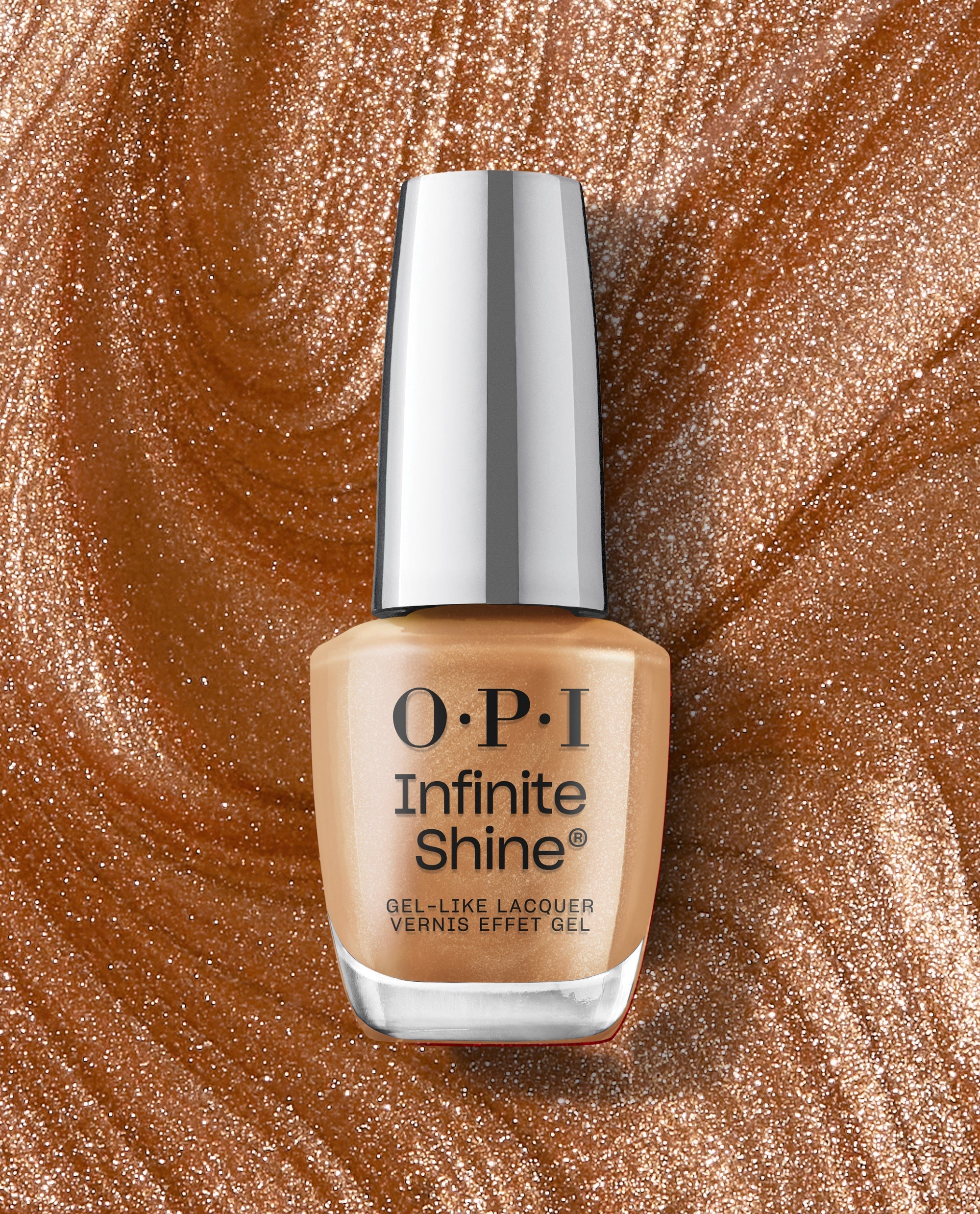 OPI nail polish bottle of 2000 Karats Infinite Shine, a gel-like lacquer in a shimmering warm gold shade, standing upright against a swirling metallic bronze glitter background for a glamorous, long-lasting manicure look.