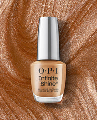 OPI nail polish bottle of 2000 Karats Infinite Shine, a gel-like lacquer in a shimmering warm gold shade, standing upright against a swirling metallic bronze glitter background for a glamorous, long-lasting manicure look.