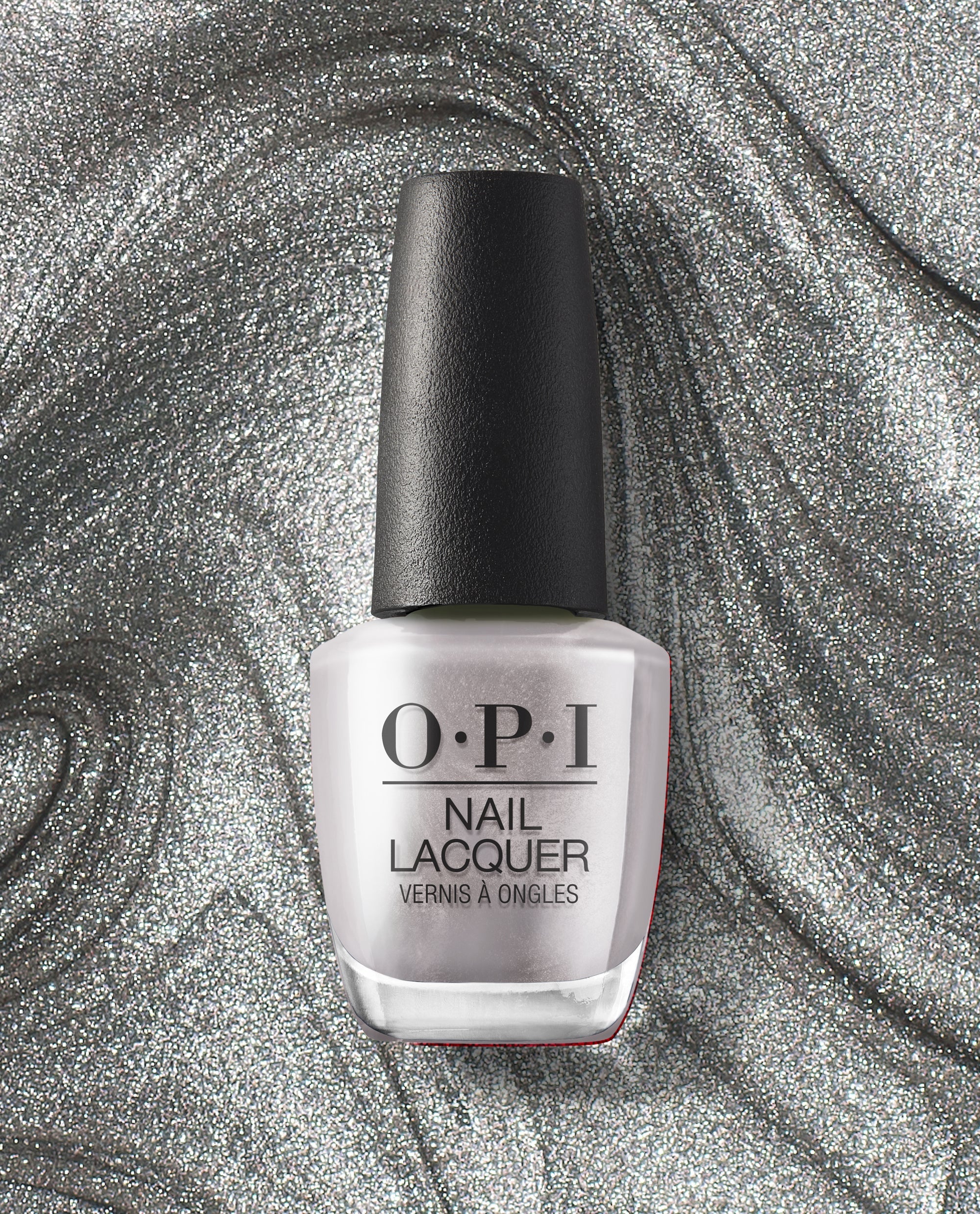 OPI nail polish bottle of Chrome Clawz nail lacquer standing upright, showcasing a metallic silver chrome shade against a swirling, glittery silver background for a bold, futuristic manicure look.