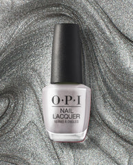 OPI nail polish bottle of Chrome Clawz nail lacquer standing upright, showcasing a metallic silver chrome shade against a swirling, glittery silver background for a bold, futuristic manicure look.