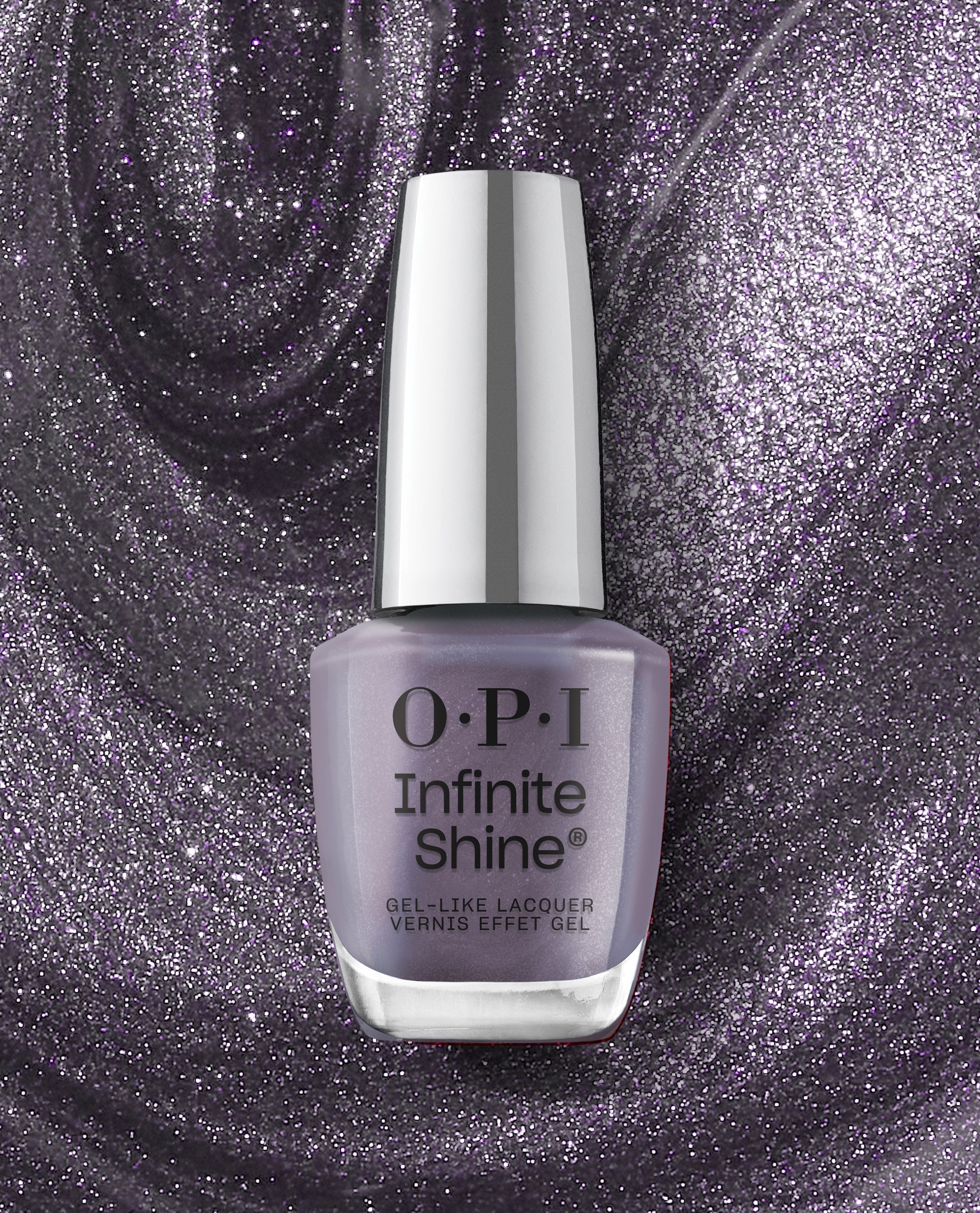 OPI nail polish Funmetal Infinite Shine bottle standing upright, showcasing its metallic lavender gel-like lacquer against a swirling, glittery purple background that highlights the long-lasting, high-shine finish for manicures.