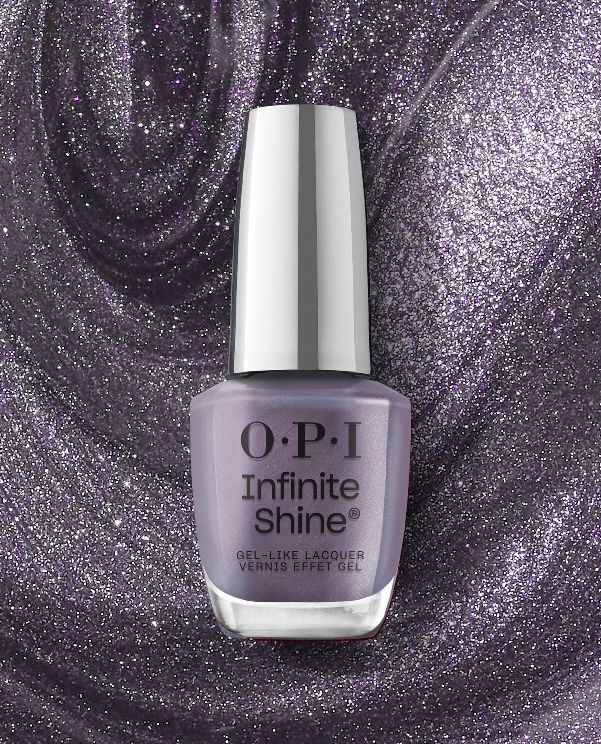 OPI nail polish Funmetal Infinite Shine bottle standing upright, showcasing its metallic lavender gel-like lacquer against a swirling, glittery purple background that highlights the long-lasting, high-shine finish for manicures.