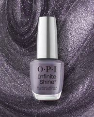 OPI nail polish Funmetal Infinite Shine bottle standing upright, showcasing its metallic lavender gel-like lacquer against a swirling, glittery purple background that highlights the long-lasting, high-shine finish for manicures.