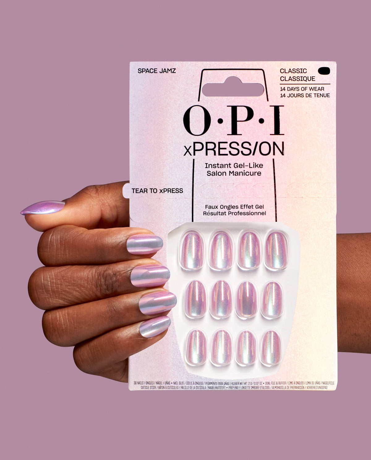 OPI Space Jamz Pink Holographic Press-on Nails Hand and Product
