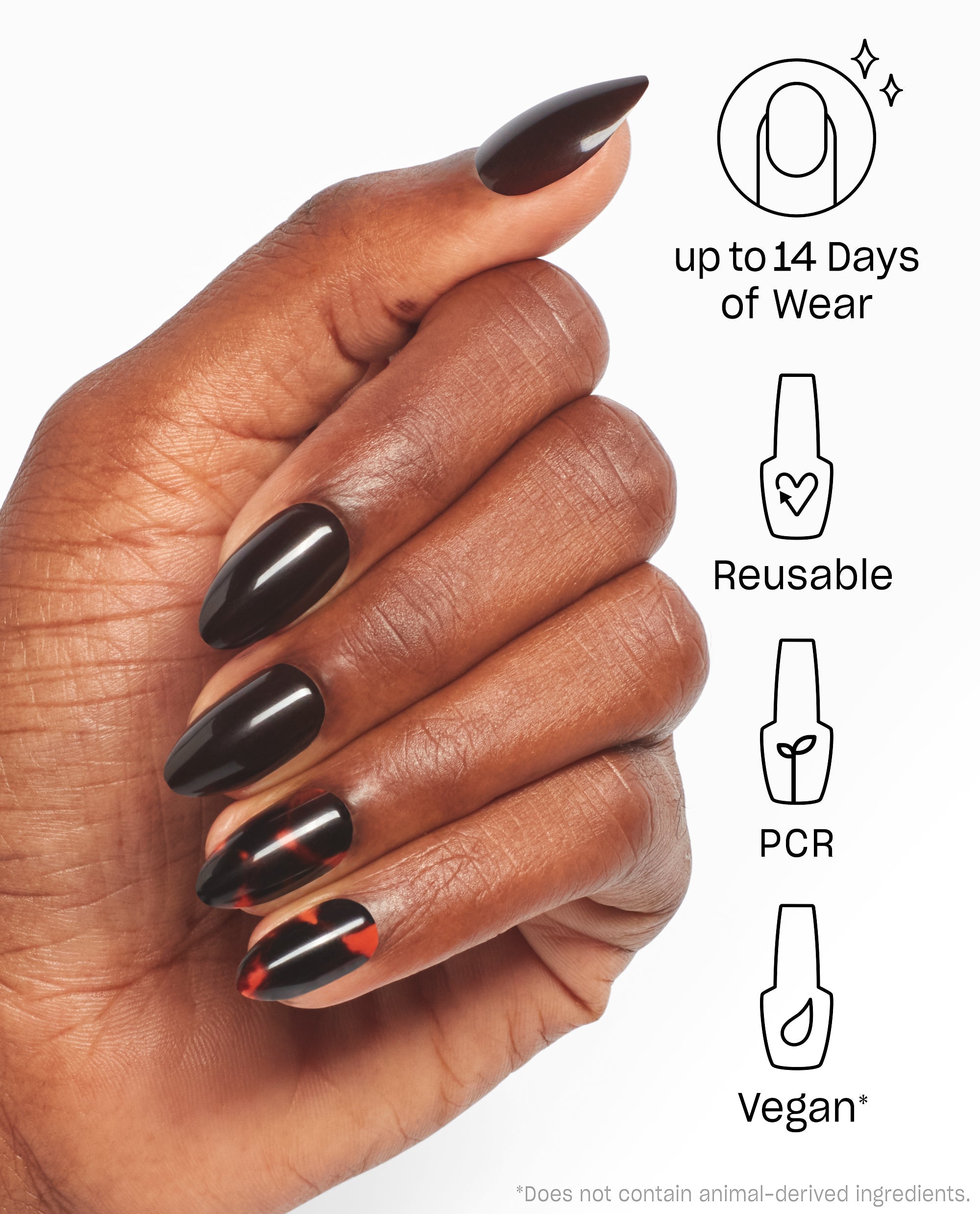 OPI This Turtle Bytes xPRESS/ON nails shown on a hand in glossy dark brown almond tips with tortoise accents, highlighting fall nail colors with up to 14 days of wear, reusable PCR material, and vegan formula.