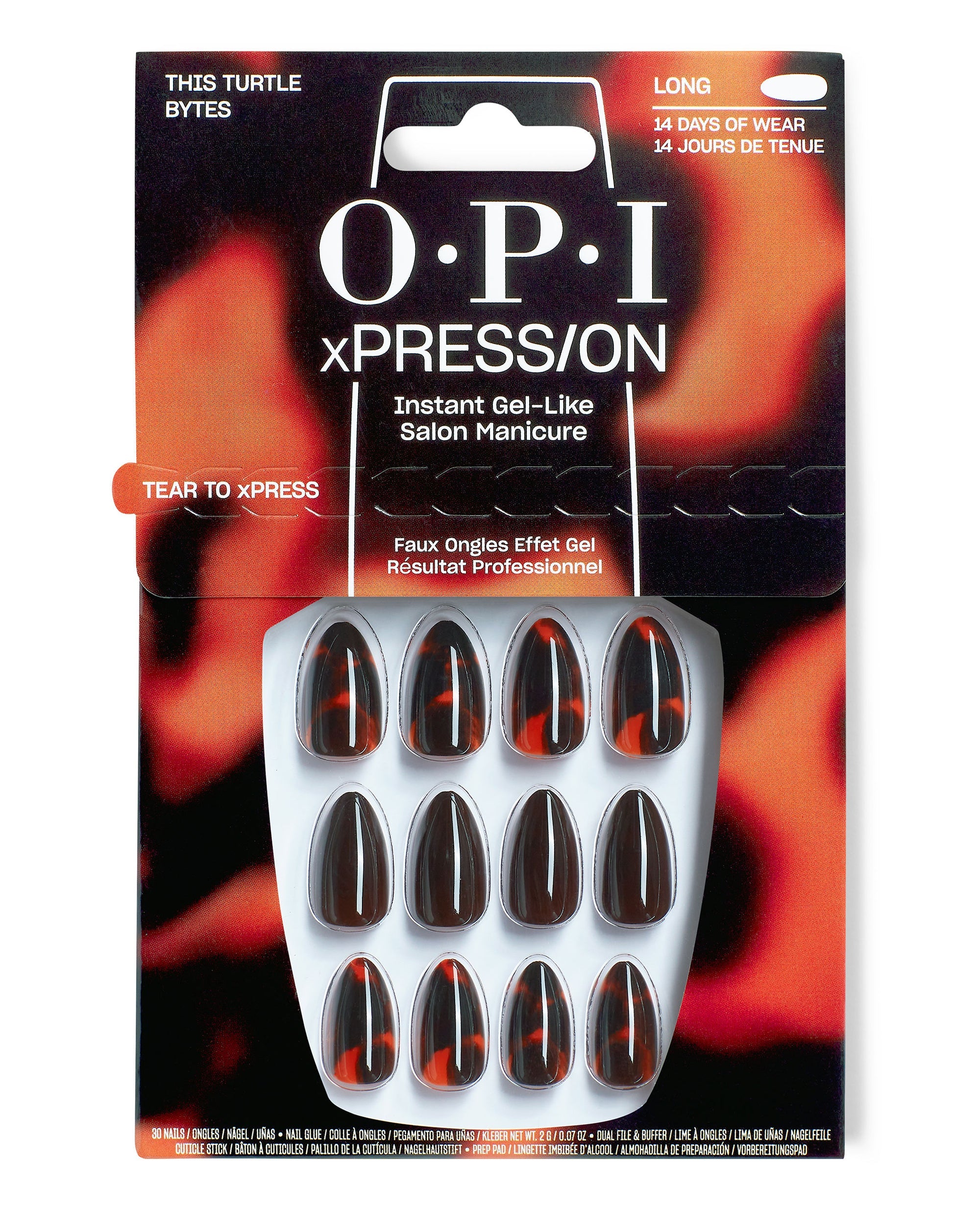 OPI xPRESS/ON This Turtle Bytes press-on nails display glossy tortoiseshell brown, black, and orange long gel-like tips in retail packaging, a bold pick for fall nail colors.