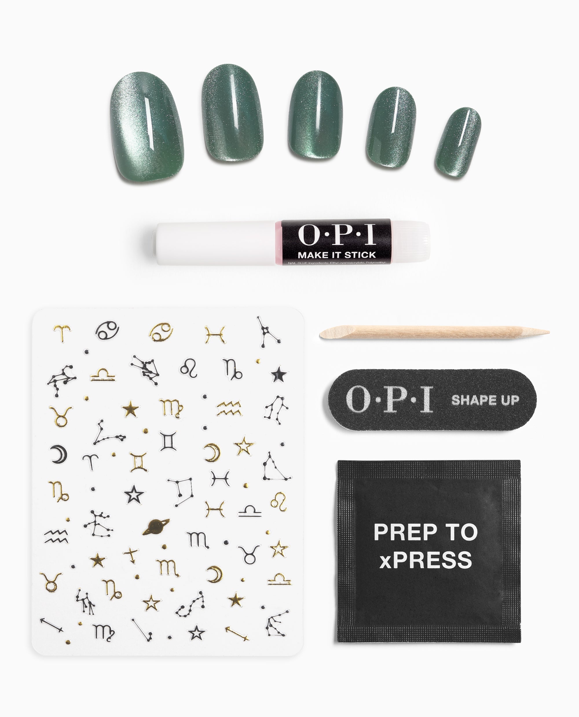 OPI Feelin’ Capricorn-y xPRESS/ON kit displays sage green shimmer press-on nails with nail glue, zodiac decals, cuticle stick, nail file, and prep pad on a white background.