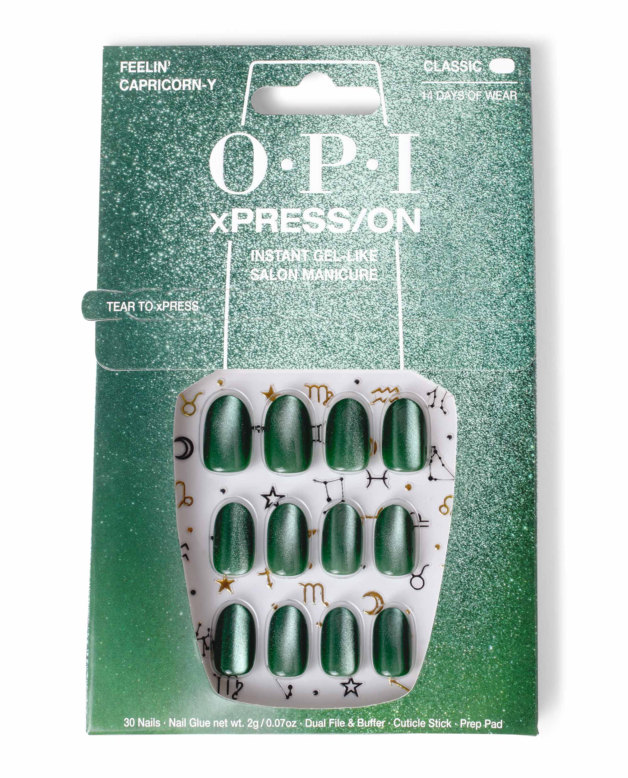 OPI xPRESS/ON Feelin’ Capricorn-y press-on nails displayed in glittery green packaging, featuring metallic emerald oval nails with zodiac symbols and 14 days of wear.