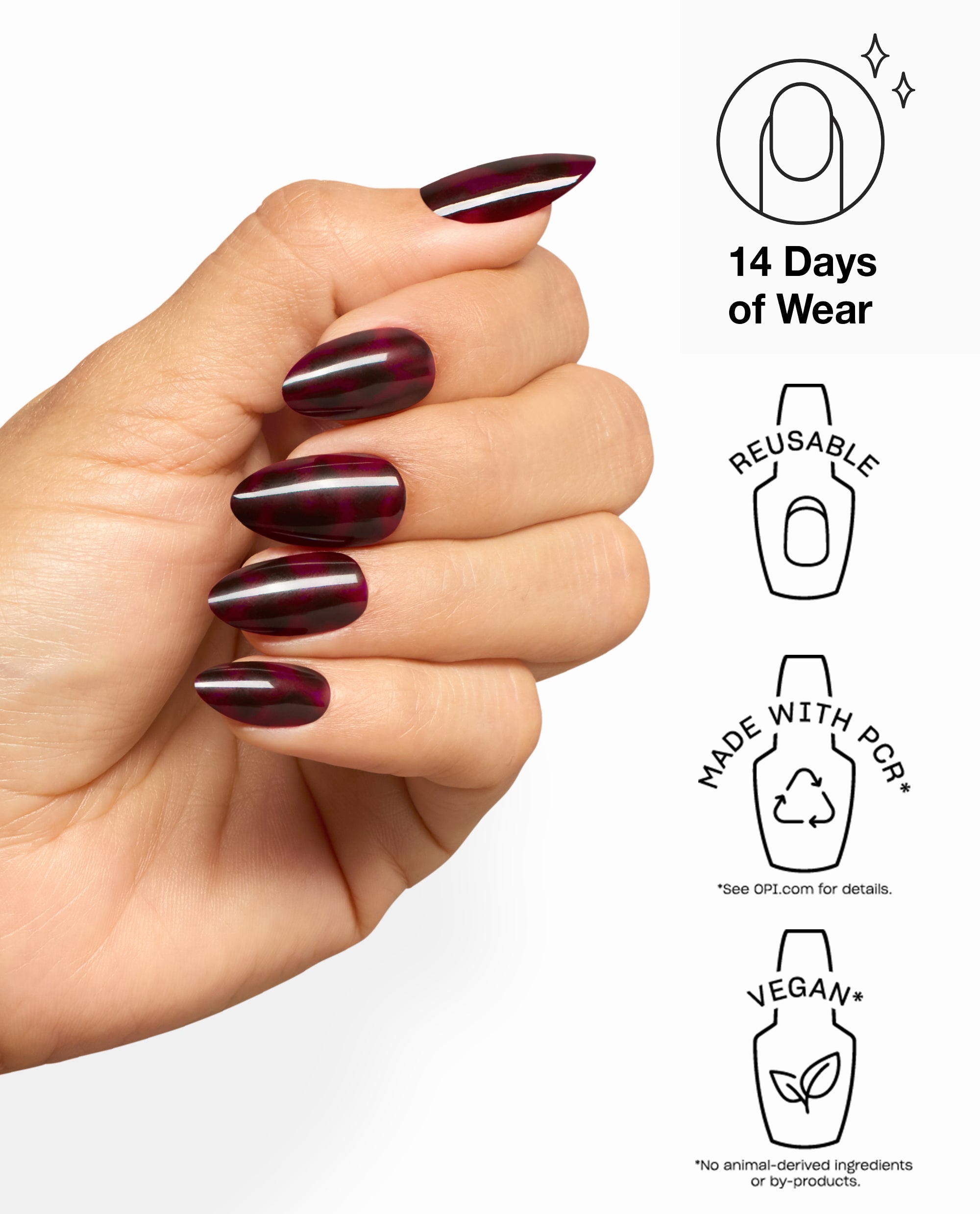 OPI Feline Fine xPRESS/ON nails display glossy dark burgundy fall nail colors on a hand, with benefit icons for 14 days of wear, reusable tips, PCR materials, and vegan formula.