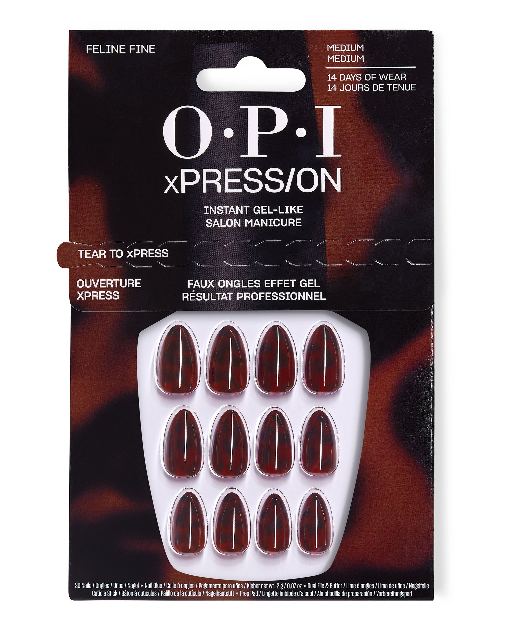 OPI xPRESS/ON Feline Fine medium press-on nails feature glossy red tortoiseshell fall nail colors in retail packaging with 14-day wear and instant gel-like manicure details.