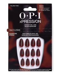 OPI xPRESS/ON Feline Fine medium press-on nails feature glossy red tortoiseshell fall nail colors in retail packaging with 14-day wear and instant gel-like manicure details.