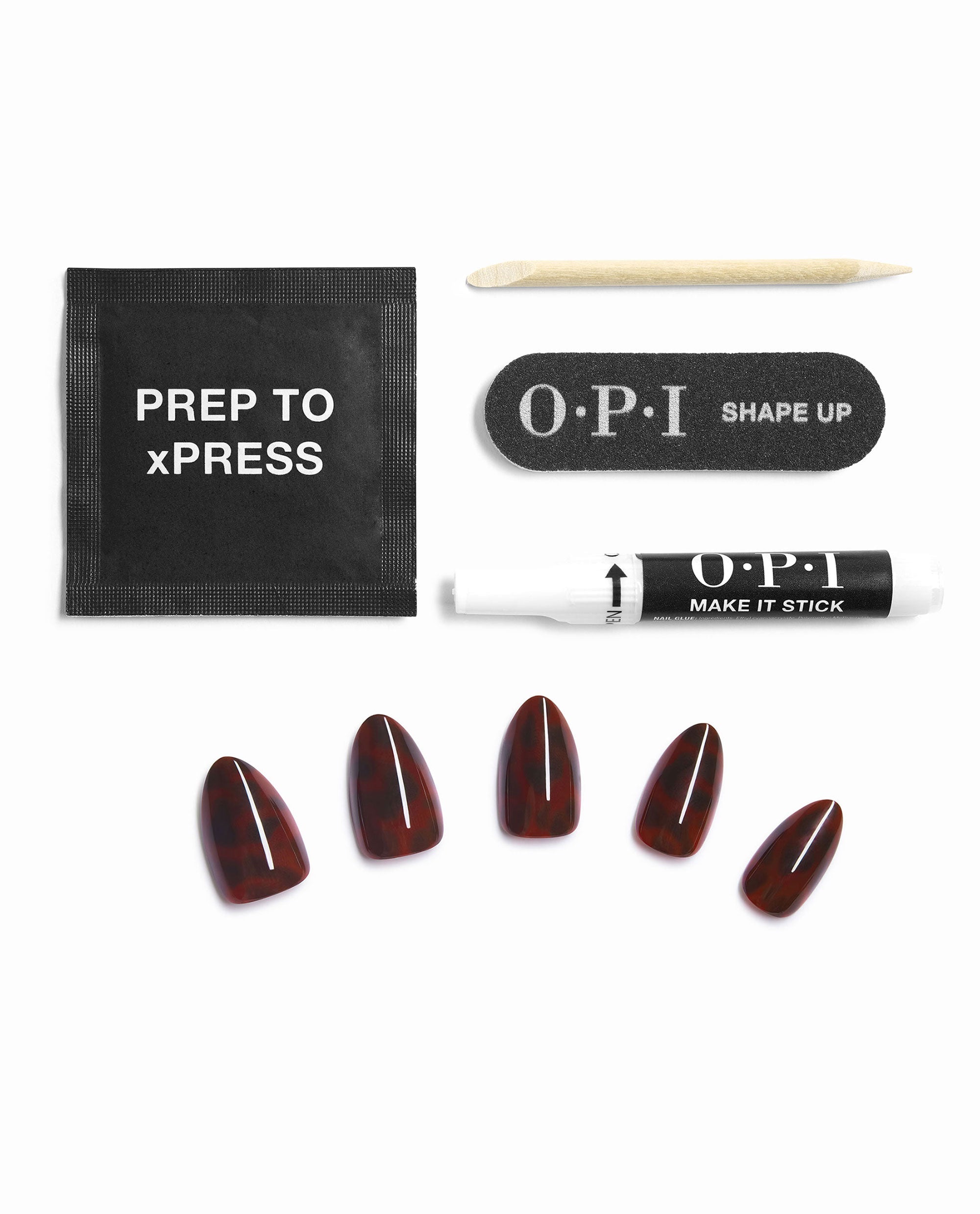 OPI Feline Fine xPRESS/ON press-on nail kit shows tortoiseshell dark red fall nail colors with prep pad, cuticle stick, nail file, glue, and glossy artificial nails on a white background.