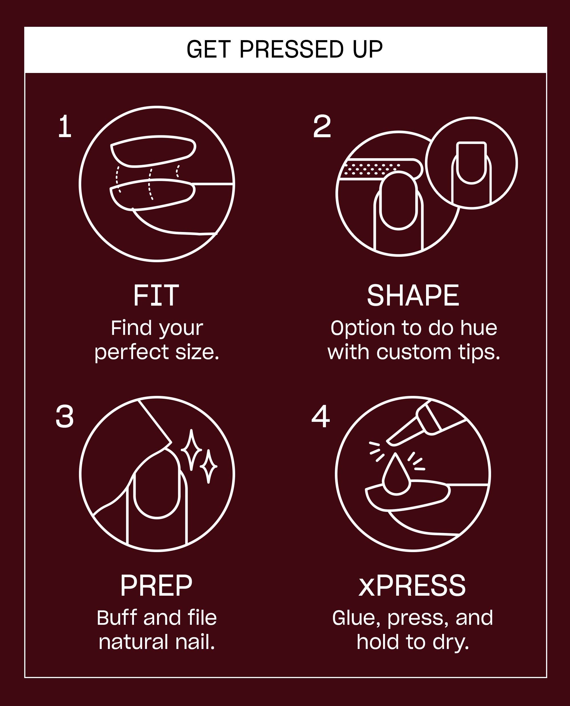 OPI Feline Fine xPRESS/ON press-on nail instructions show four steps - fit, shape, prep, and glue, press, and hold to dry - on a burgundy background, highlighting fall nail colors.