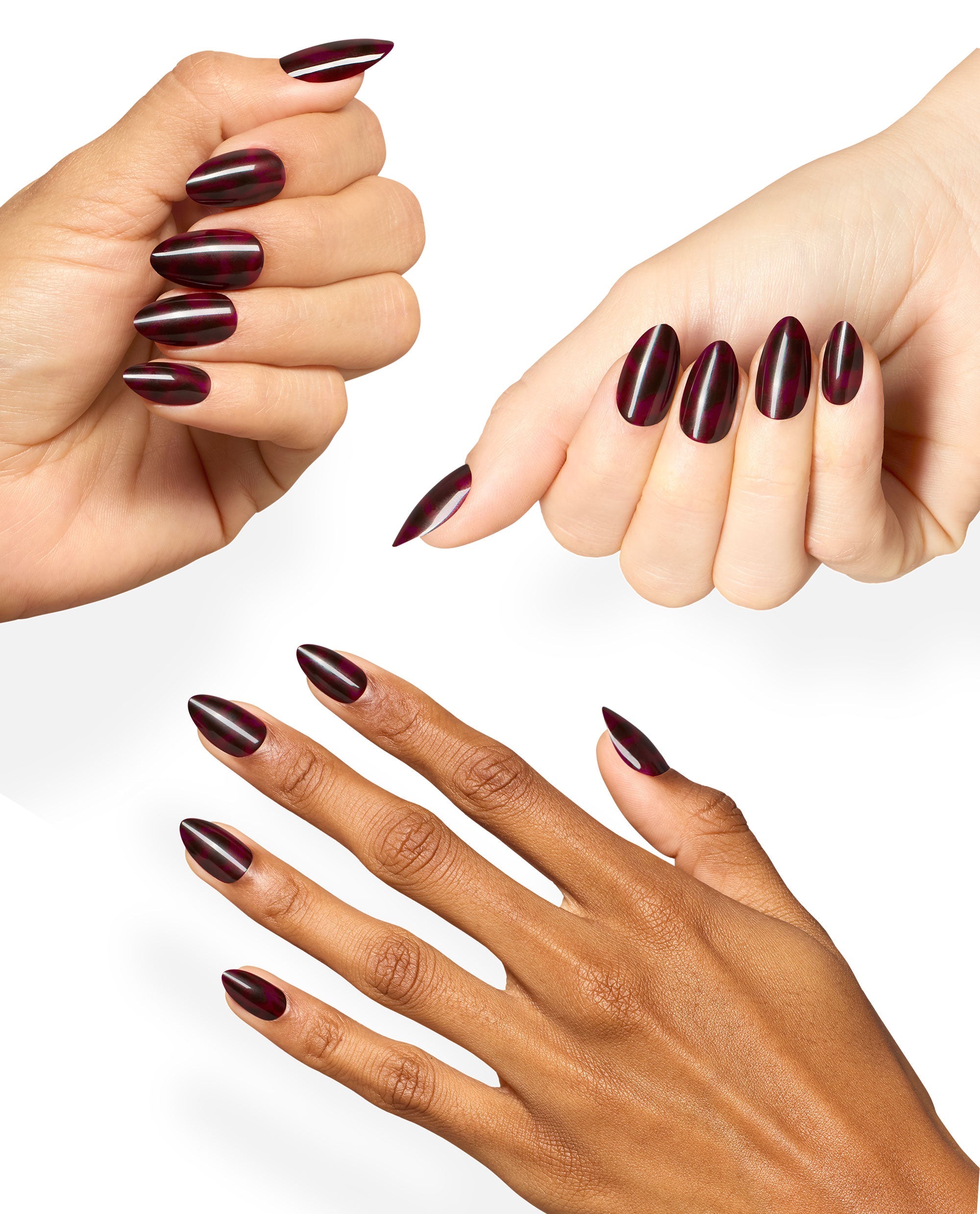 Hands model OPI Feline Fine xPRESS/ON press-on nails in glossy burgundy and black cat-eye stripes, showing almond and stiletto shapes on a clean white background for fall nail colors.