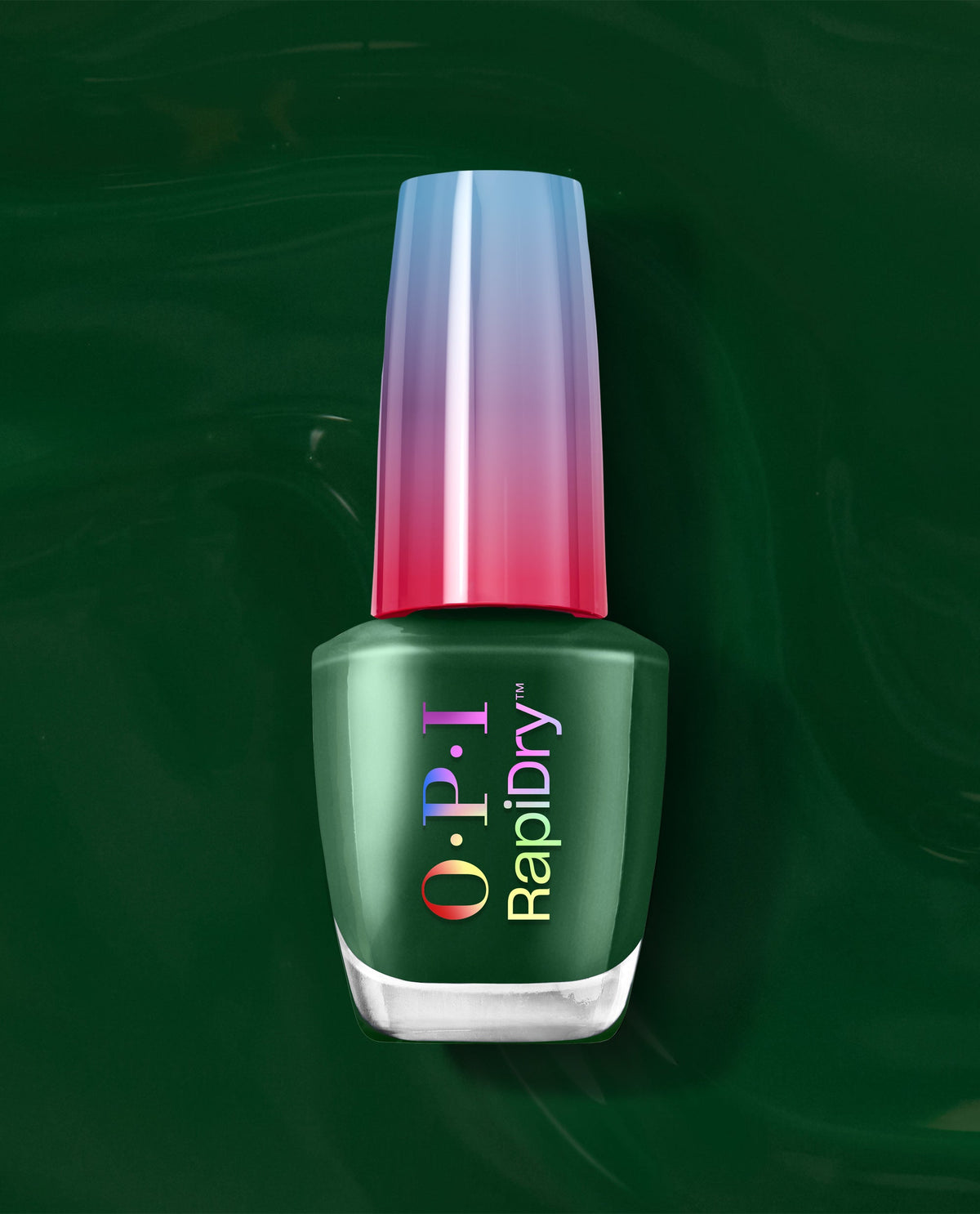 OPI RapiDry Fir Surely Fast green nail polish bottle stands upright with an iridescent pink-blue cap on a glossy dark green swirled background.
