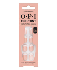 OPI Fluent in French On Point instant press-on mani set showing 24 soft pink French manicure press-on nails in a peach carton, marketed as up to 14 days of wear, ideal as an OPI nail polish gift set for at-home manicures in the US.