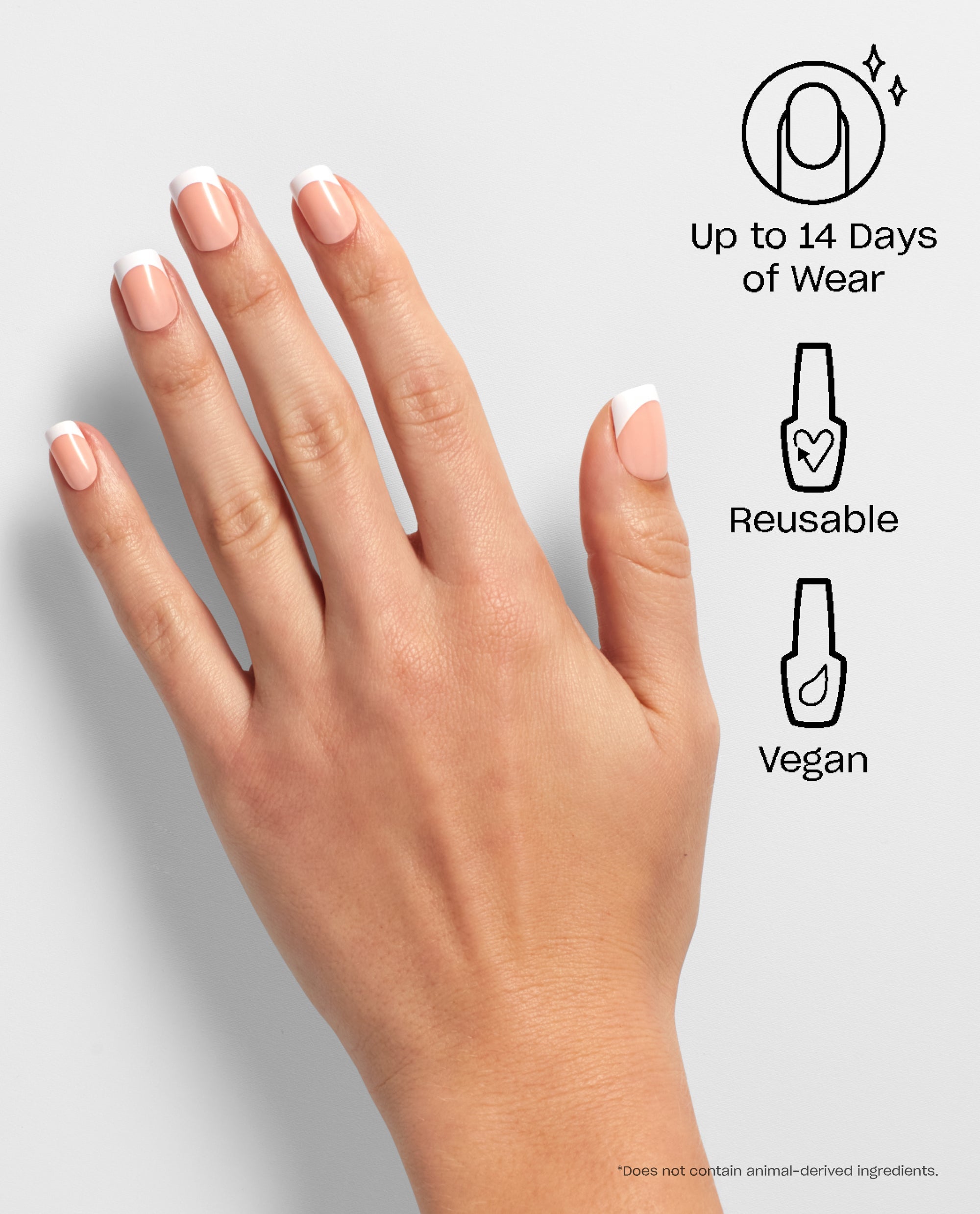 Hand wearing Fluent in French On Point manicure with glossy pink nails and crisp white French tips, shown against a light gray background beside icons highlighting up to 14 days of wear, reusable, vegan OPI nail polish gift set benefits.