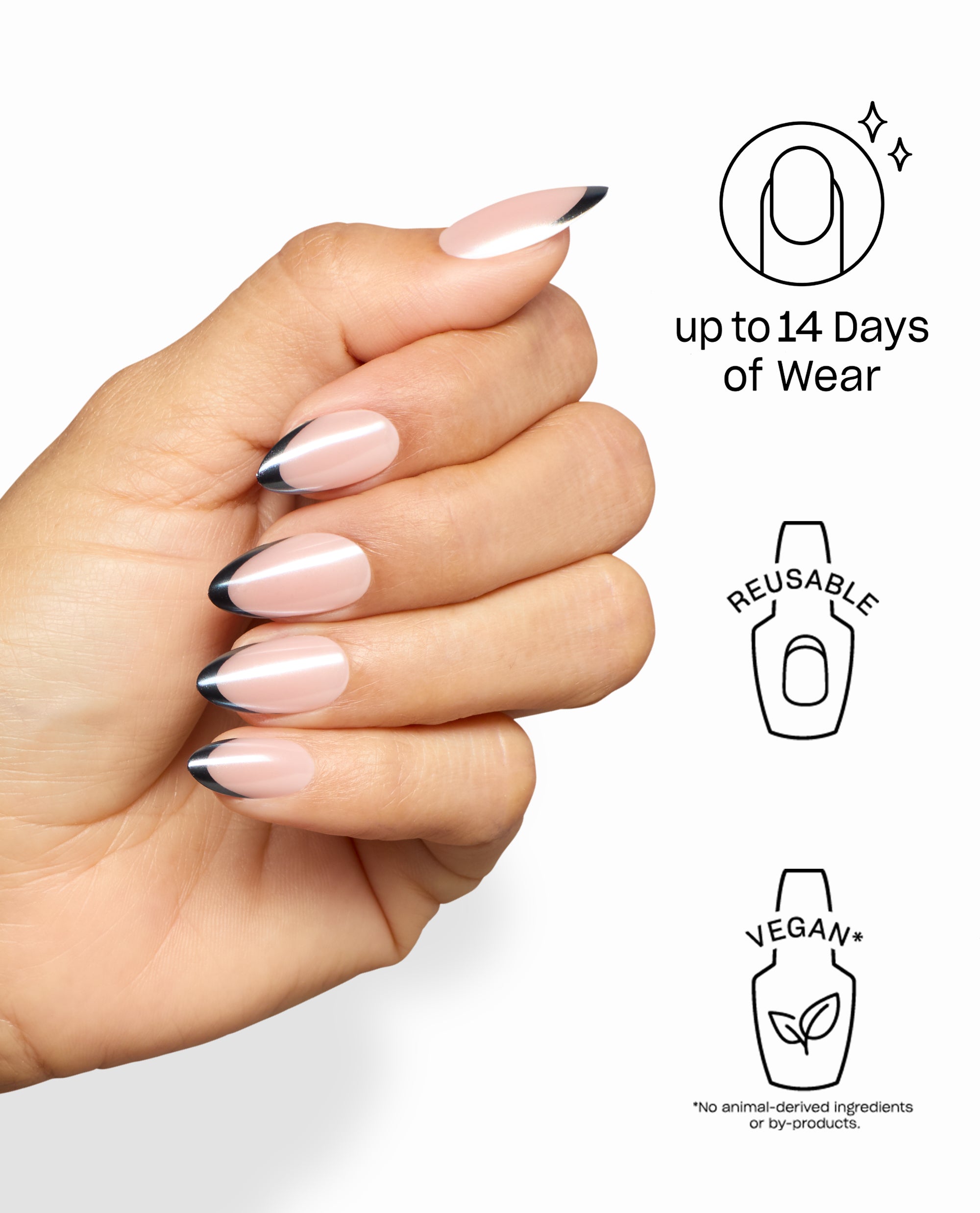 Hand wearing OPI French Rebel On Point artificial nails with glossy nude almond shapes and black French tips, highlighting reusable, vegan press-ons with up to 14 days of wear for fall nail colors.
