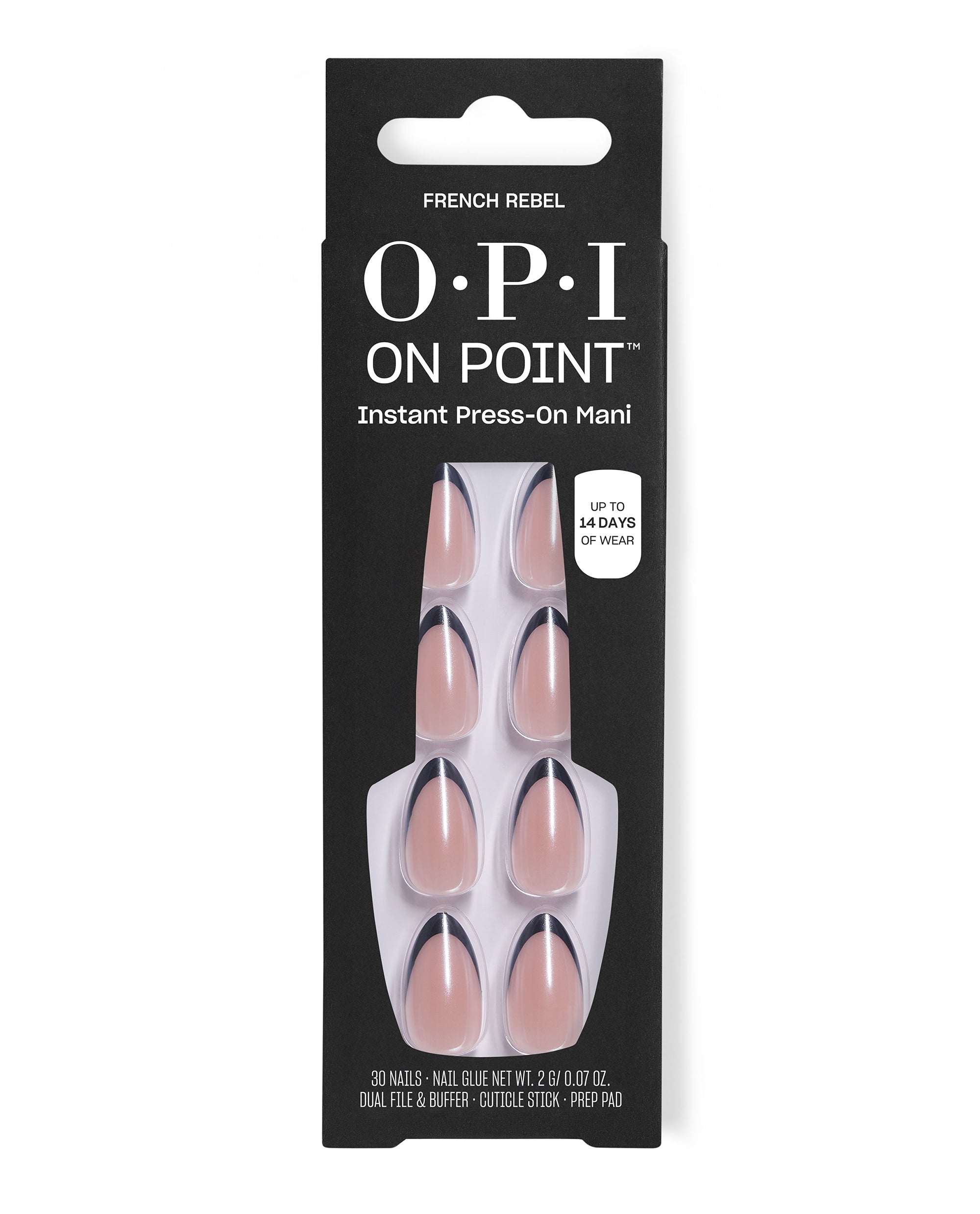 OPI On Point French Rebel instant press-on mani in black packaging, showing nude almond nails with glossy black French tips, a chic option for fall nail colors with up to 14 days of wear.