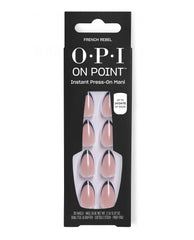 OPI On Point French Rebel instant press-on mani in black packaging, showing nude almond nails with glossy black French tips, a chic option for fall nail colors with up to 14 days of wear.