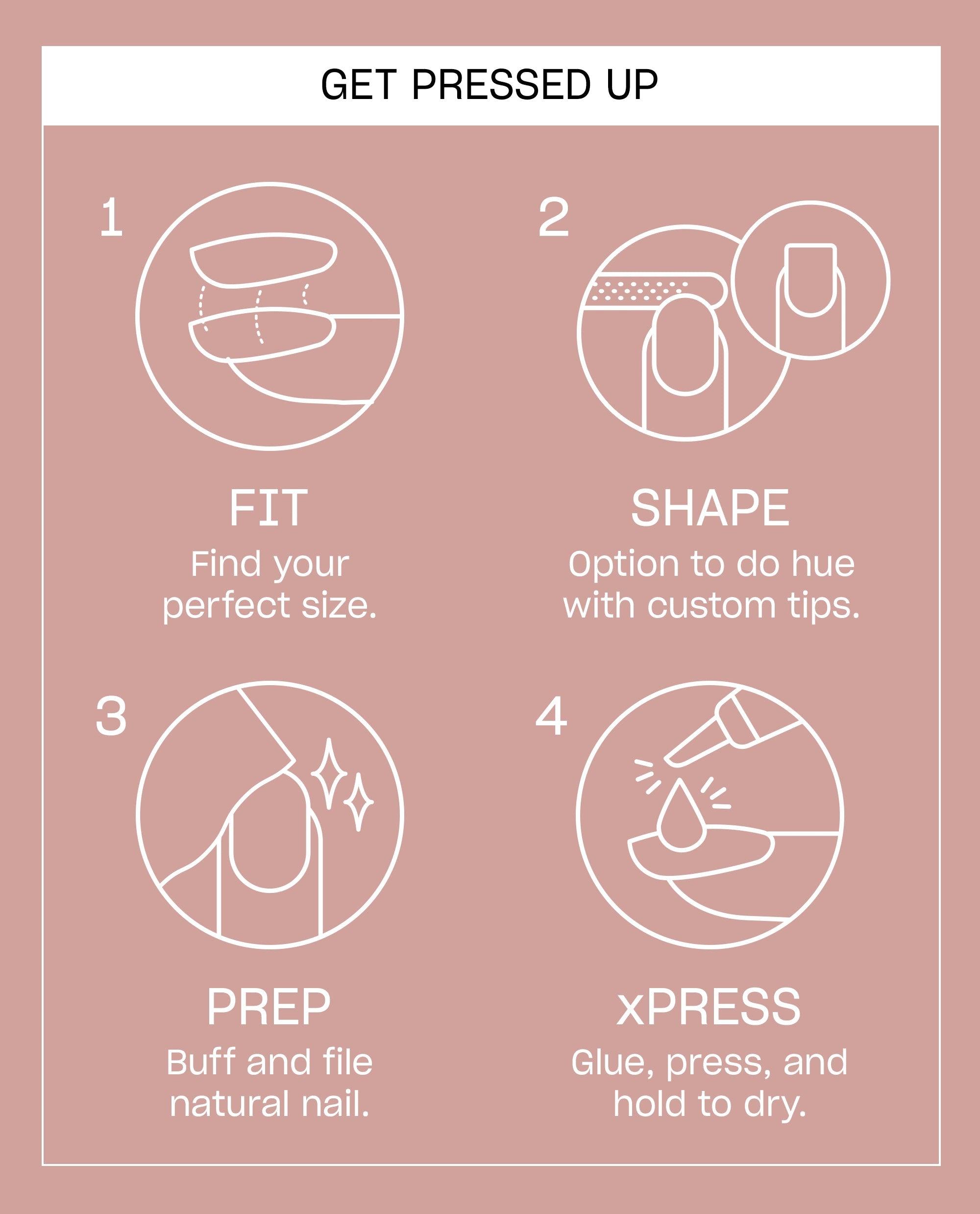 OPI French Rebel On Point press-on nail instruction card on a dusty pink background, showing steps to fit, shape, prep, glue, press, and hold artificial nails to dry.