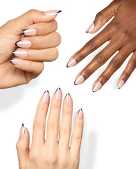 French Rebel On Point manicure shows glossy pale pink almond nails with bold black French tips on diverse hands, a modern OPI fall nail colors look on a clean white background.