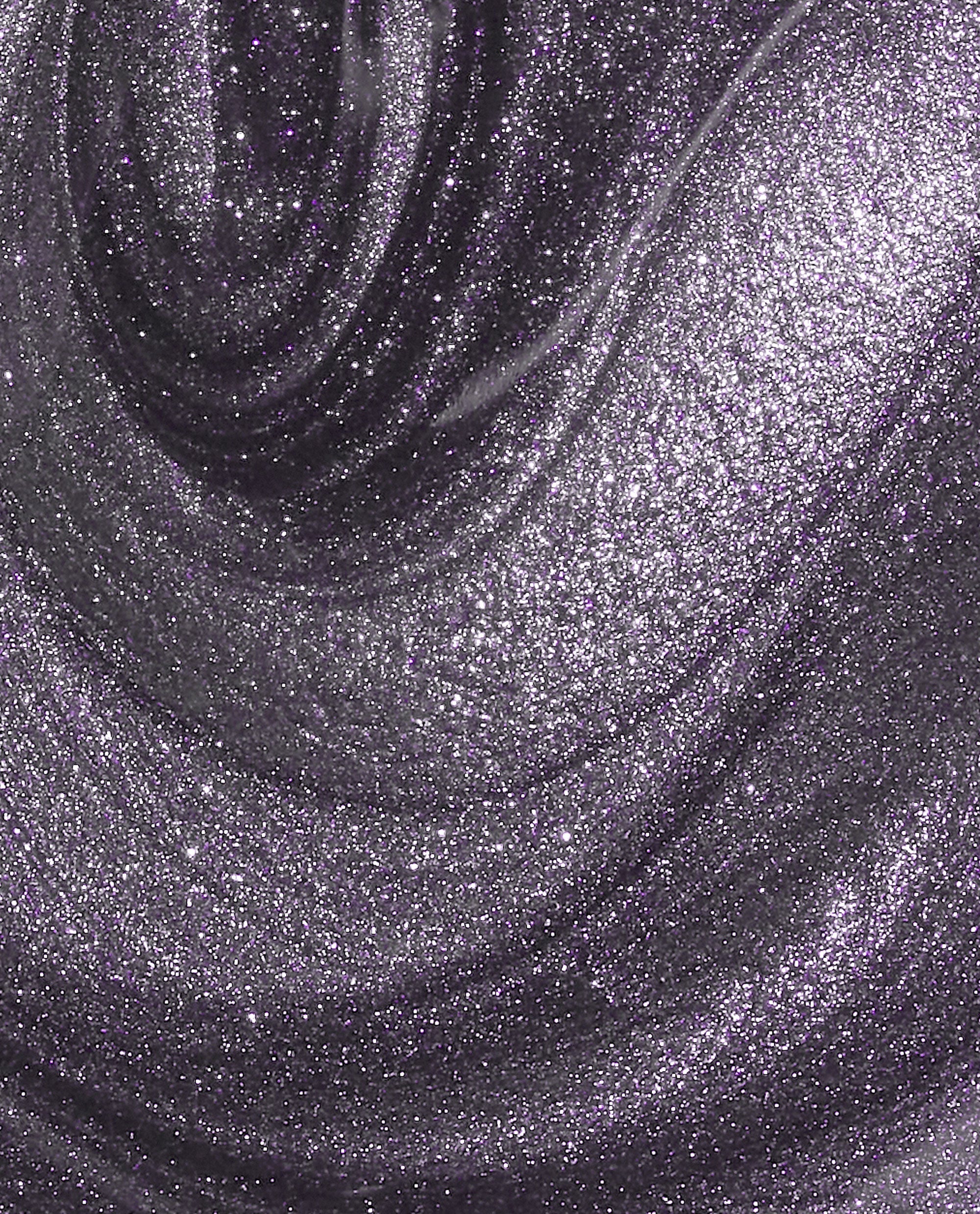 Swirling close-up of Funmetal Infinite Shine OPI nail polish, showing a metallic purple-silver shimmer with fine glitter particles creating a smooth, high-shine, dimensional finish across the lacquer surface.