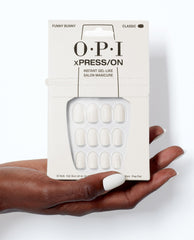 OPI Funny Bunny - Short White Press-on Nails Hand and Product