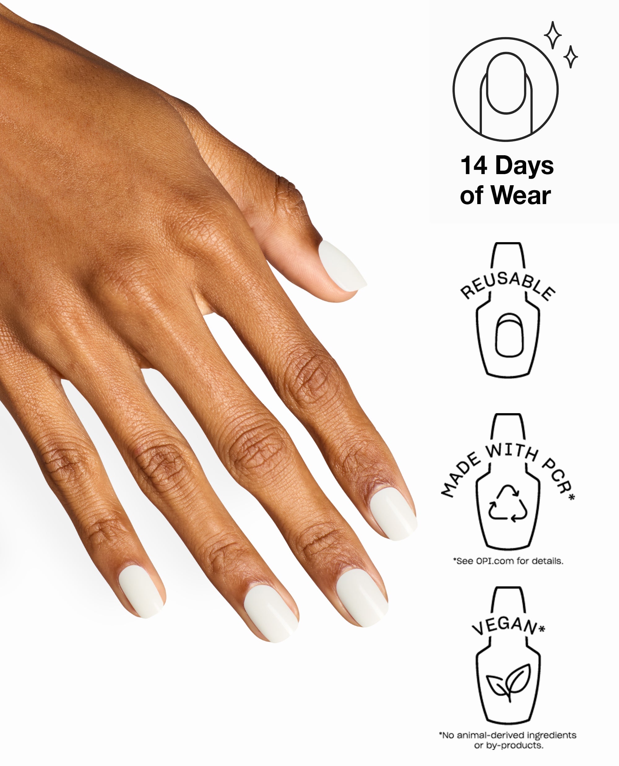 OPI Funny Bunny xPRESS/ON press-on nails shown on a hand in soft white, with icons highlighting 14 days of wear, reusable tips, PCR materials, and vegan formula for fall nail colors.