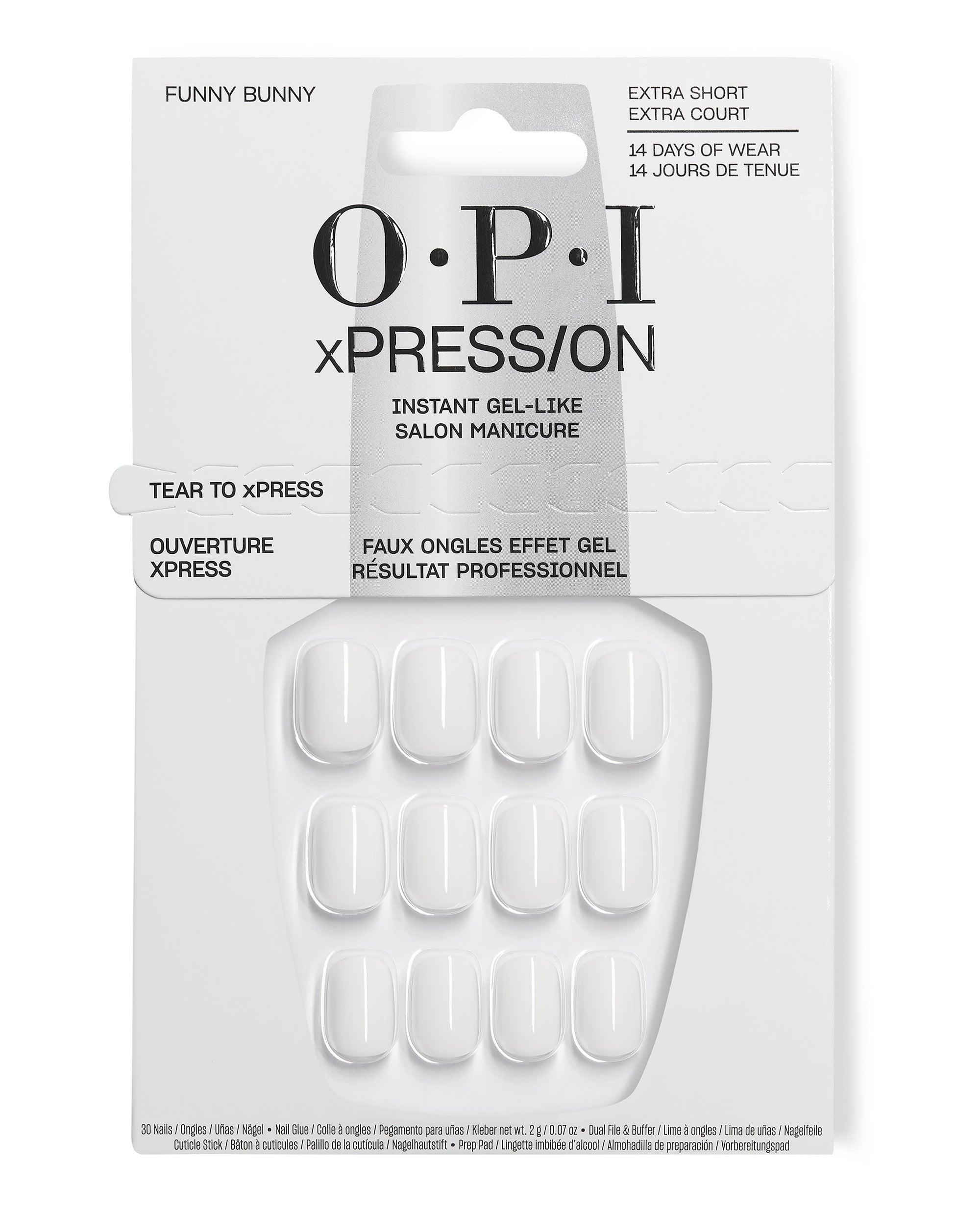 OPI Funny Bunny xPRESS/ON press-on nails display glossy sheer white extra-short gel-like tips in white retail packaging, offering 14 days of wear for classic fall nail colors.