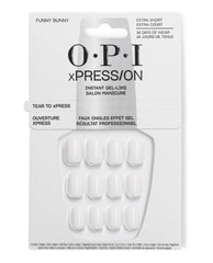 OPI Funny Bunny xPRESS/ON press-on nails display glossy sheer white extra-short gel-like tips in white retail packaging, offering 14 days of wear for classic fall nail colors.