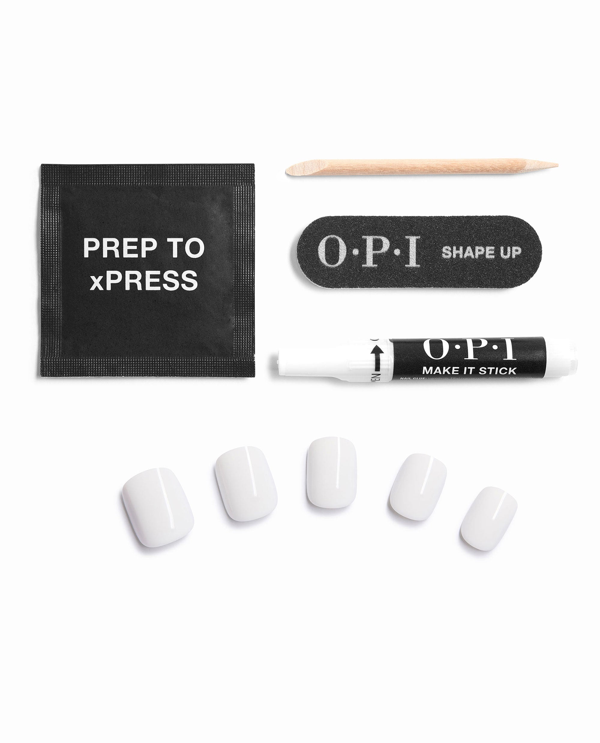OPI Funny Bunny xPRESS/ON press-on nail kit displays glossy soft white artificial nails with prep pad, cuticle stick, nail file, and glue on a clean white background, a chic option for fall nail colors.