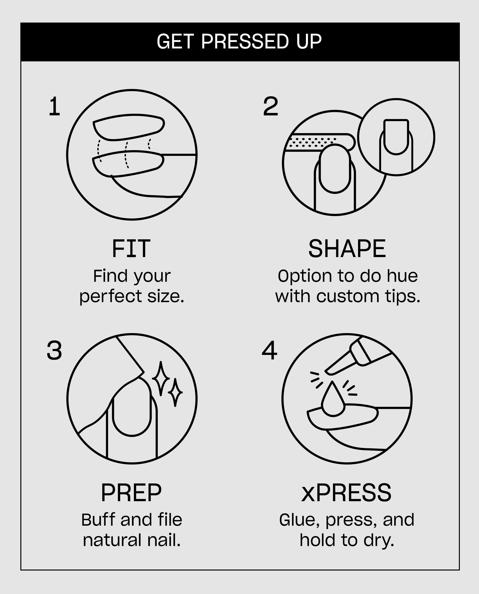 OPI Funny Bunny xPRESS/ON press-on nail instructions showing four steps to fit, shape, prep, and glue nails, a quick manicure option for fall nail colors.