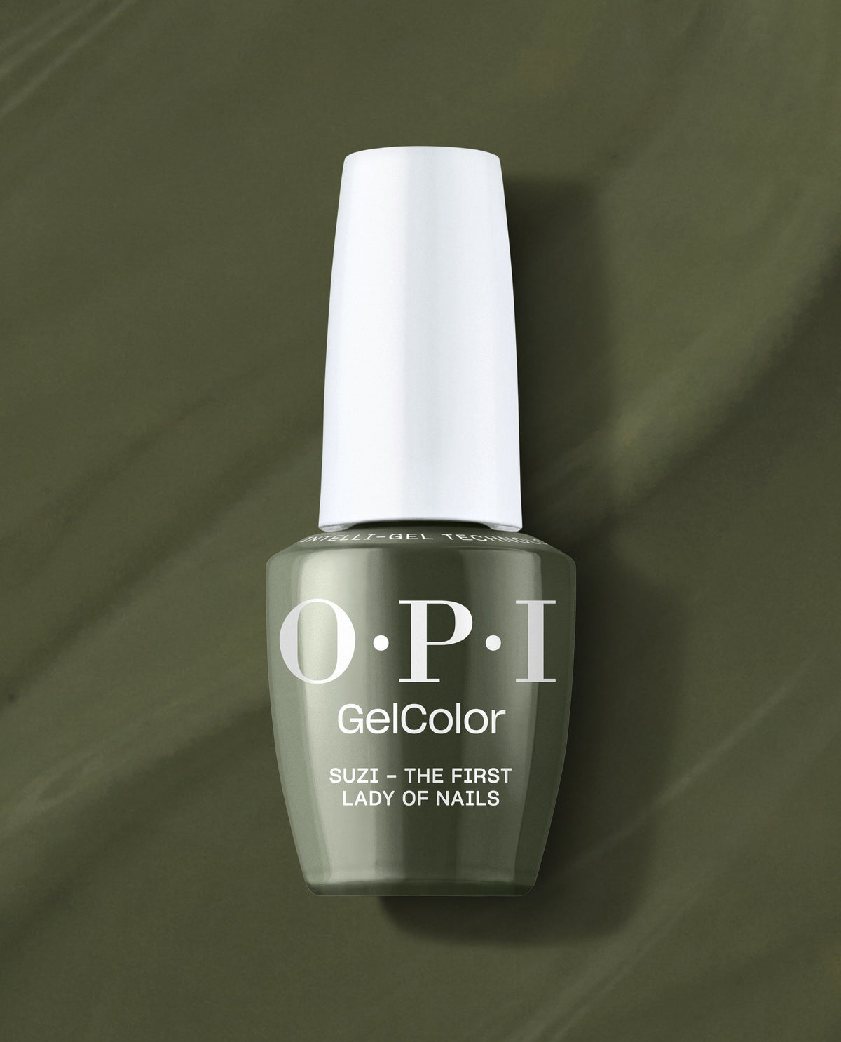 OPI GelColor bottle presenting Suzi – The First Lady of Nails gel nail polish in deep olive green, standing upright with a white cap against a matching glossy backdrop; green nail polish choice for spring nail colors from OPI.