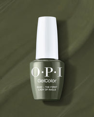 OPI GelColor bottle presenting Suzi – The First Lady of Nails gel nail polish in deep olive green, standing upright with a white cap against a matching glossy backdrop; green nail polish choice for spring nail colors from OPI.