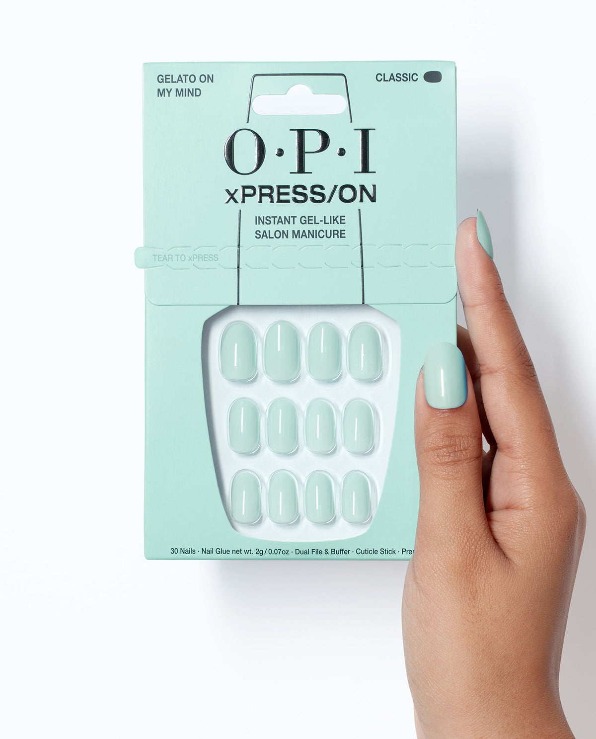OPI Gelato on My Mind - Short Blue Press-on Nails Hand and Product