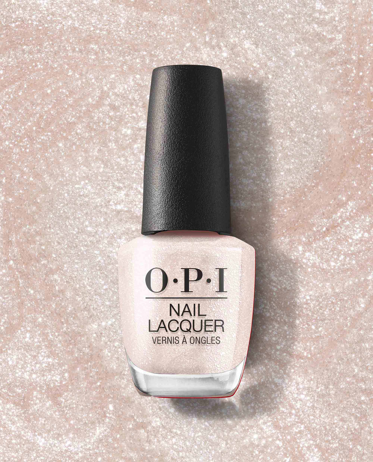 OPI nail polish bottle of Gemini and I nail lacquer standing upright, showcasing a soft shimmery pale pink shade against a matching glittery background, highlighting the elegant neutral manicure color for US shoppers.